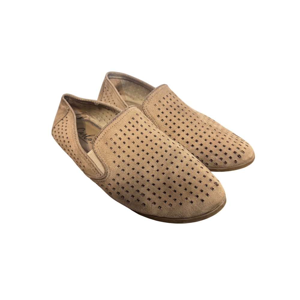 Carlos Santana Beige Suede Laser Cut Perforated Slip On Loafers Flats